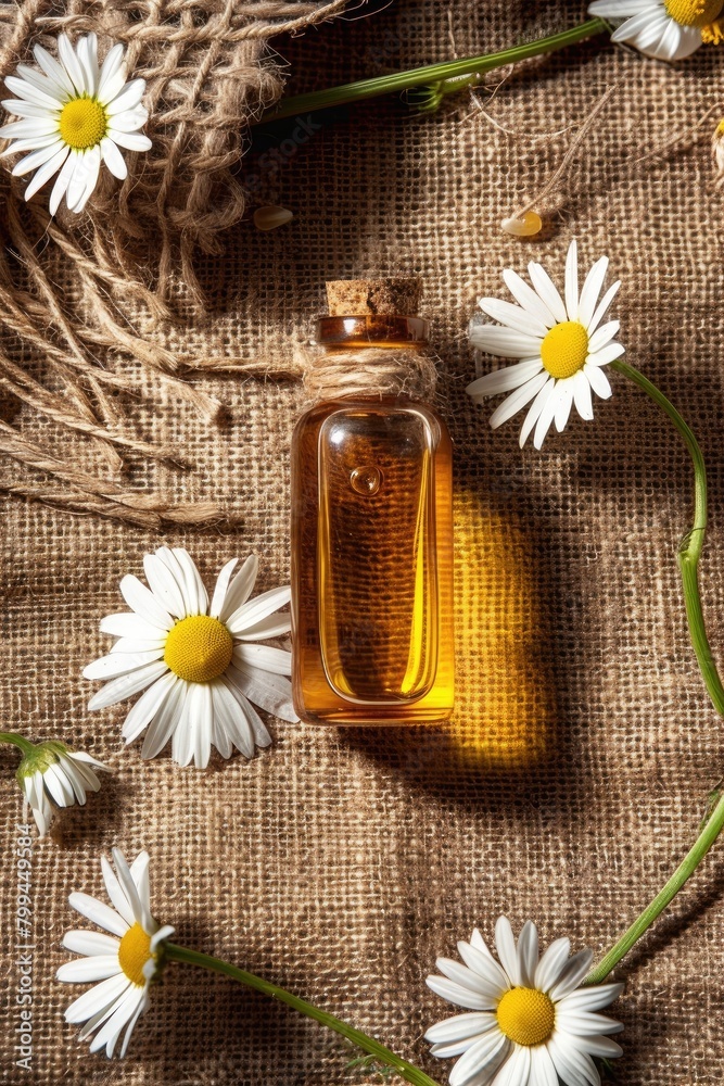 Chamomile essential oil on a burlap background top view Chamomile essential oil on a burlap background top view