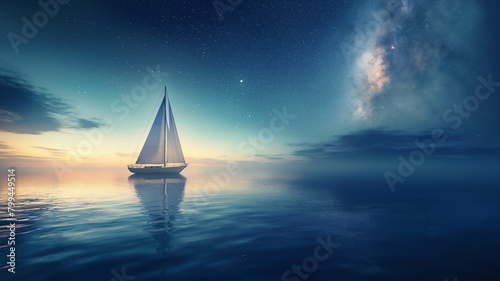 Sailing yacht on a calm sea at twilight with a starry sky and the Milky Way stretching above the horizon.