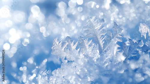 Macro shot of intricate frost crystals, sparkling in the sunlight with a bokeh effect on a winter day. © Ritthichai