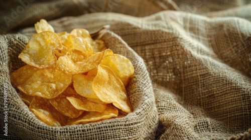 chips on burlap background. selective focus