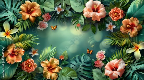 A tropical background with flowers and butterflies  AI