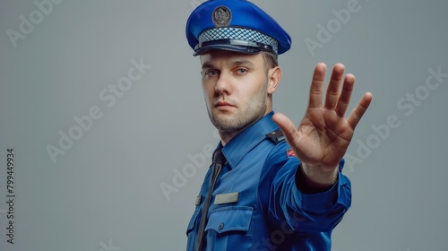 Police Officer in Uniform Gesturing Stop Sign, Authority and Control photo