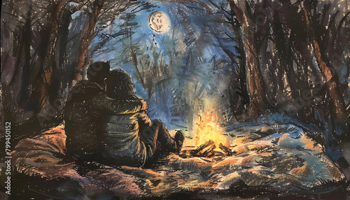 Soft pastel drawing of a couple cuddling on a cozy blanket by a crackling campfire in the woodsar74v Generative AI © Zazu