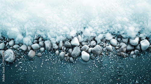 Abstract background with small stones covered in snow and ice providing texture and a frame for text