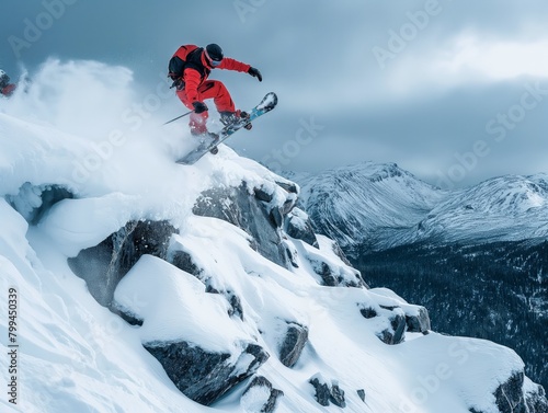 A snowboarder is in mid-air, jumping over a large rock. The scene is set in a snowy mountain environment, with the snowboarder wearing a red jacket and black pants. Concept of excitement and adventure