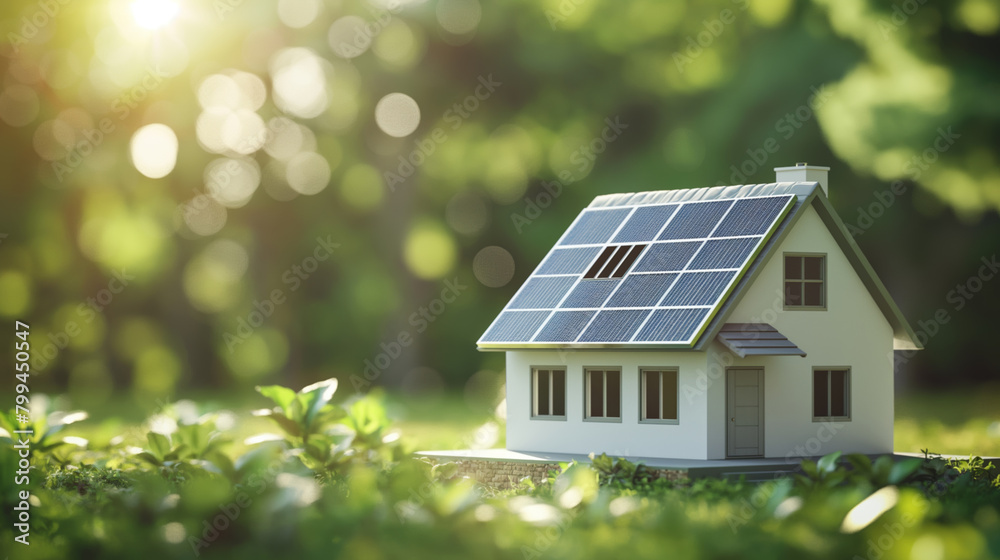 Modern, eco-friendly house with solar panels on the roof is nestled in a lush garden under the bright sunlight, symbolizing sustainable living and renewable energy usage Modern, eco-friendly house with solar panels on the roof is nestled in a lush garden under the bright sunlight, symbolizing sustainable living and renewable energy usage