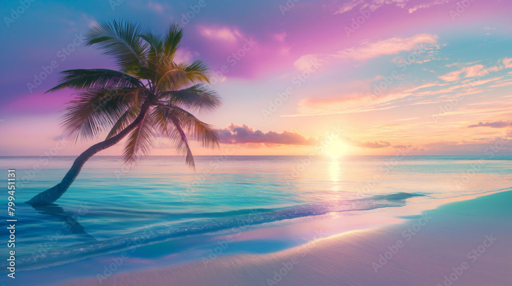 Breathtaking tropical sunset with radiant colors casting over a calm sea, featuring a single palm tree silhouette against a pastel sky, perfectly encapsulating a peaceful evening on the beach Breathtaking tropical sunset with radiant colors casting over a calm sea, featuring a single palm tree silhouette against a pastel sky, perfectly encapsulating a peaceful evening on the beach