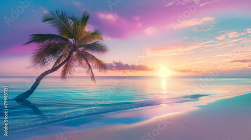Breathtaking tropical sunset with radiant colors casting over a calm sea, featuring a single palm tree silhouette against a pastel sky, perfectly encapsulating a peaceful evening on the beach
