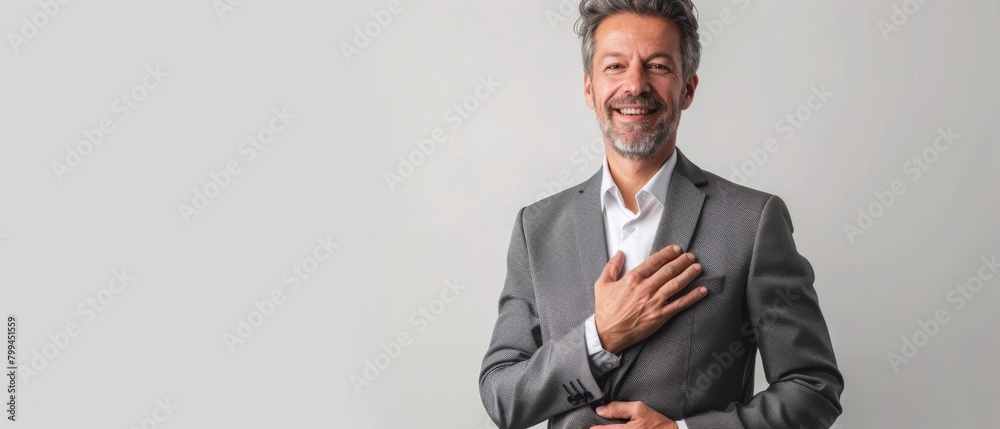 Confident Middle-Aged Businessman in Grey Suit, Corporate Elegance, Copy Space Confident Middle-Aged Businessman in Grey Suit, Corporate Elegance, Copy Space