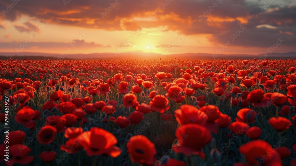 Field of Red Flowers With Sun in Background