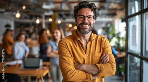Entrepreneur stands proudly amid thriving business, surrounded by satisfied customers, employees, celebrating success of building enterprise from ground up.