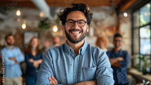 Entrepreneur stands proudly amid thriving business, surrounded by satisfied customers, employees, celebrating success of building enterprise from ground up.