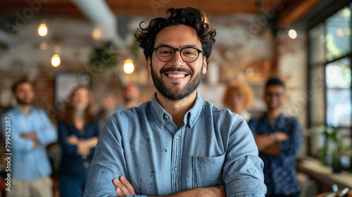 Entrepreneur stands proudly amid thriving business, surrounded by satisfied customers, employees, celebrating success of building enterprise from ground up. photo