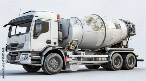 Envision a scene where a cement mixer truck is presented in a clean and clear manner, isolated on a white background