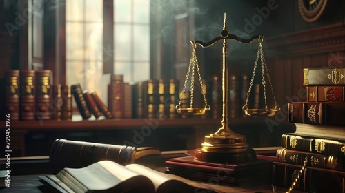 Envision a scene where the balance of law is established with the prominent display of golden scales, a gavel, and law books photo