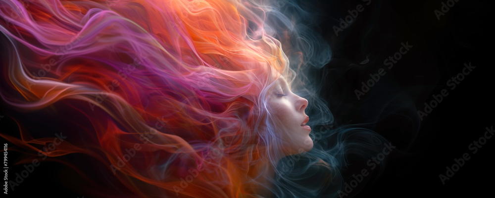 Obraz premium Ethereal portrait with colorful smoke and female face. Abstract concept of a woman with flowing hair-like fumes