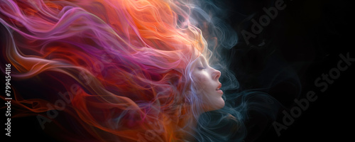 Ethereal portrait with colorful smoke and female face. Abstract concept of a woman with flowing hair-like fumes