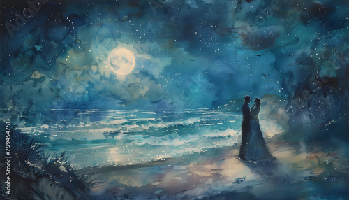 Ethereal watercolor scene of a couple dancing in the moonlight on a secluded beachar74v60 Generative AI