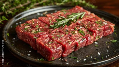Raw Meat on Plate With Sprig of Rosemary