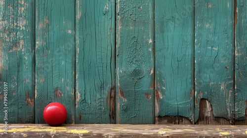 A red ball sitting on a wooden bench next to green painted wall, AI