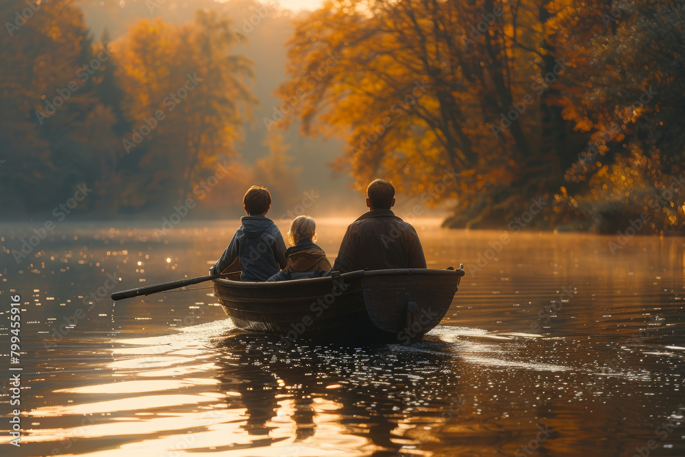 A family enjoying a leisurely boat ride on a serene lake, soaking in the peaceful atmosphere and serenity of the water. Concept of relaxation and tranquility during vacation. Generative Ai. A family enjoying a leisurely boat ride on a serene lake, soaking in the peaceful atmosphere and serenity of the water. Concept of relaxation and tranquility during vacation. Generative Ai.