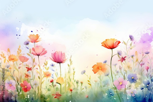A colorful field of flowers with a blue sky in the background