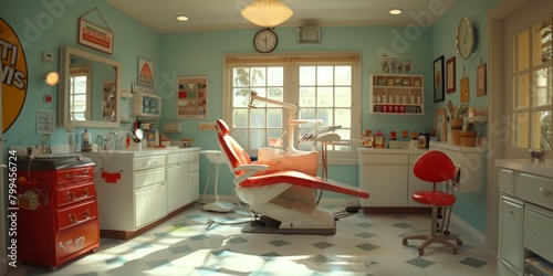 room adorned with a checkered floor hosts a vibrant red chair, adding a pop of color to the whimsical setting of a childrens dental office.