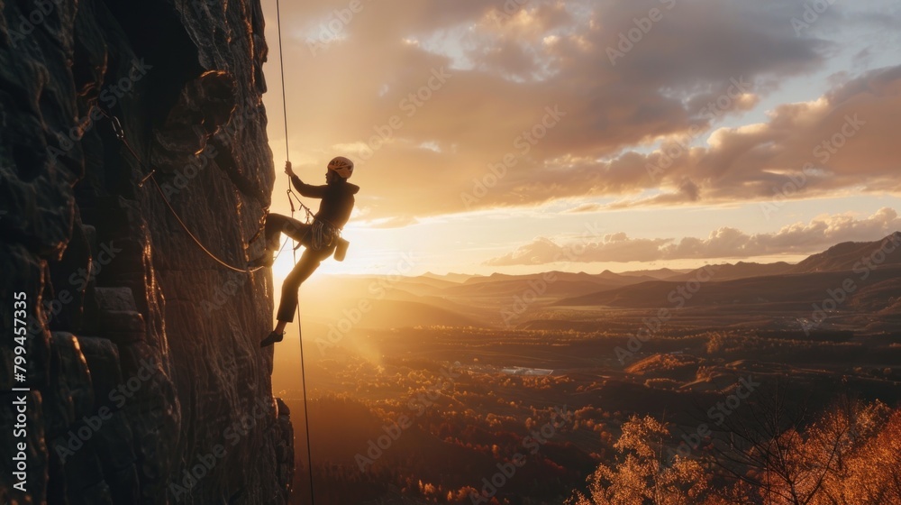 Silhouette of brave heroic man trying to climb with rope in mountain valley at sunset Silhouette of brave heroic man trying to climb with rope in mountain valley at sunset