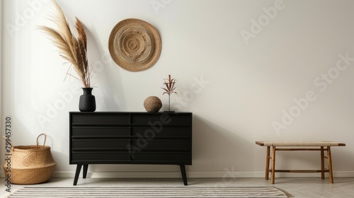 Free photos of odern black chest of drawers with pictures and decorative plants near white wall with window shape sunlight photo