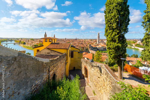 Panoramic view from the Castel San Pietro fortress and ruins of the medieval city of Verona Italy, with the River Adige and Ponte Pietra bridge in view. © Kirk Fisher
