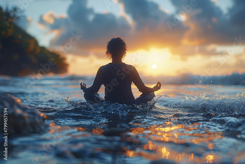 A person practicing meditation and mindfulness on a serene beach, listening to the soothing sound of waves crashing. Concept of beachside relaxation and inner peace. Generative Ai.
