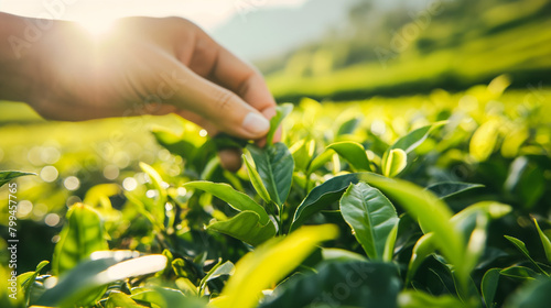 Close-up of a hand gently plucking young green tea leaves bathed in the soft, warm light of the early morning sun on a lush tea plantation