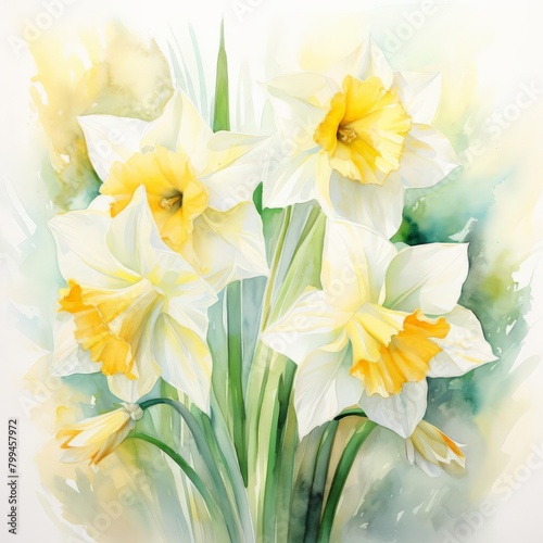 A painting of a bunch of yellow flowers with green stems photo