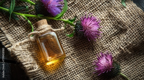 milk thistle essential oil on the background of burlap top view
