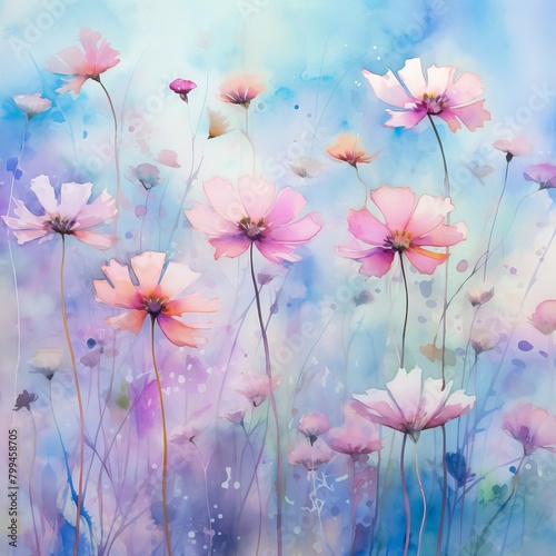 A painting of a field of flowers with a blue sky in the background © Watercolorbackground