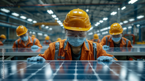 Chinese workers wearing masks and no glasses are inspecting solar panels in the workshop