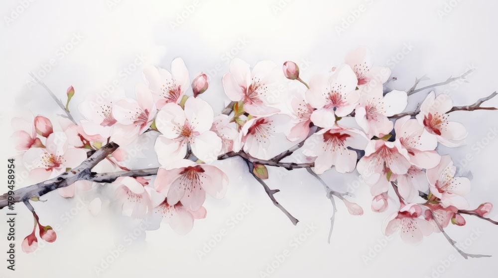 A painting of a branch with pink flowers