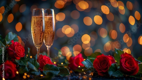 Two Glasses of Champagne With Red Roses in Background