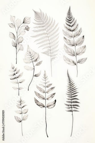 A series of black and white drawings of leaves