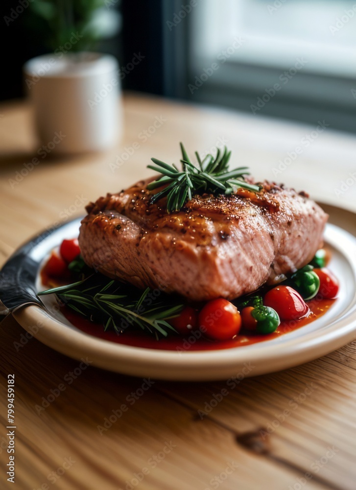 a delicious salmon steak with rosemary and tomatoes and a cozy atmosphere a delicious salmon steak with rosemary and tomatoes and a cozy atmosphere