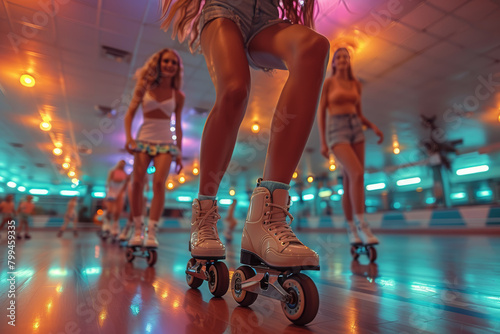 A group of friends roller skating at a retro rink, embracing the nostalgia of 1970s roller disco. Concept of nostalgic roller skating. Generative Ai. photo