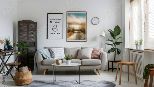 Sunny and bright space of living room with stylish sofa, pillows, coffee table, mock up poster frames, decorations, furnitures and personal accessories. Cozy home decor. Template. Summer vibe.  © AL AMIN
