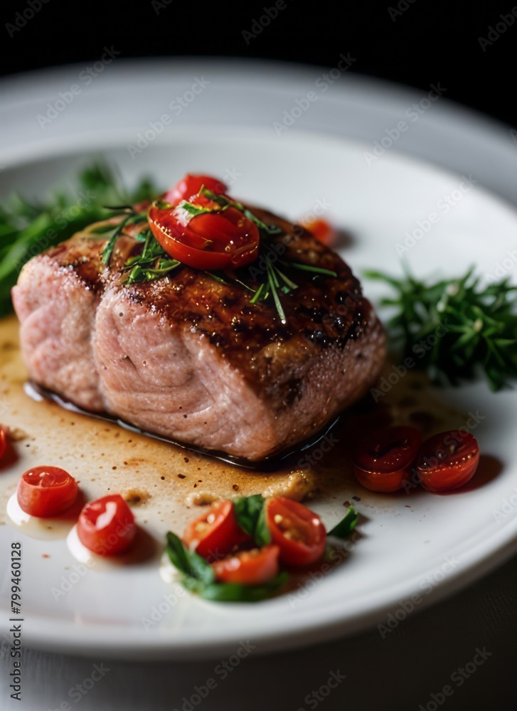 a delicious salmon steak with rosemary and tomatoes and a cozy atmosphere