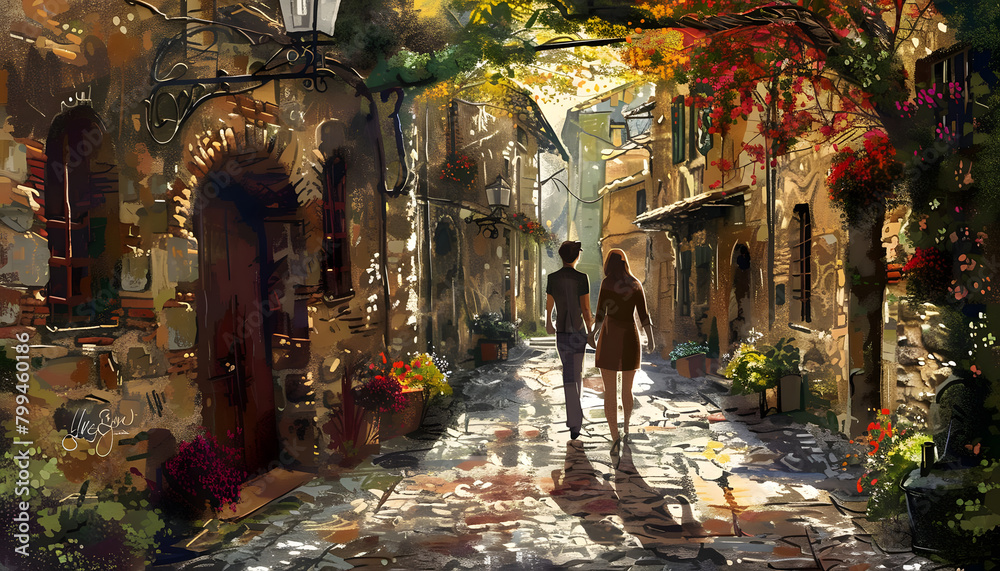 Enchanting digital painting of a couple strolling hand in hand through a charming cobblestone villag Generative AI