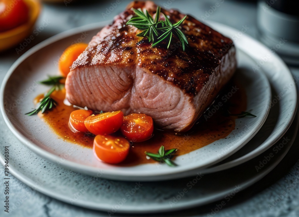 a delicious salmon steak with rosemary and tomatoes and a cozy atmosphere a delicious salmon steak with rosemary and tomatoes and a cozy atmosphere