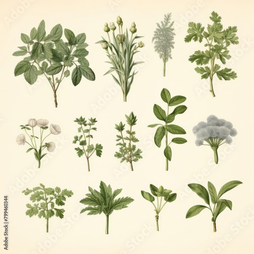 A collection of various plants and herbs are shown in a vintage style