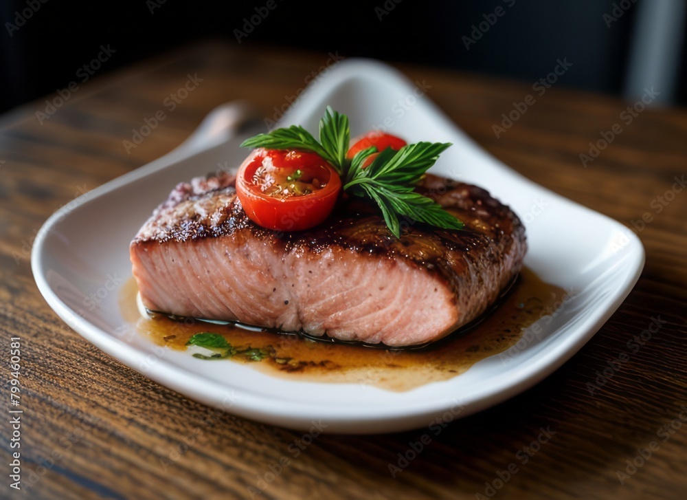 a delicious salmon steak with rosemary and tomatoes and a cozy atmosphere a delicious salmon steak with rosemary and tomatoes and a cozy atmosphere