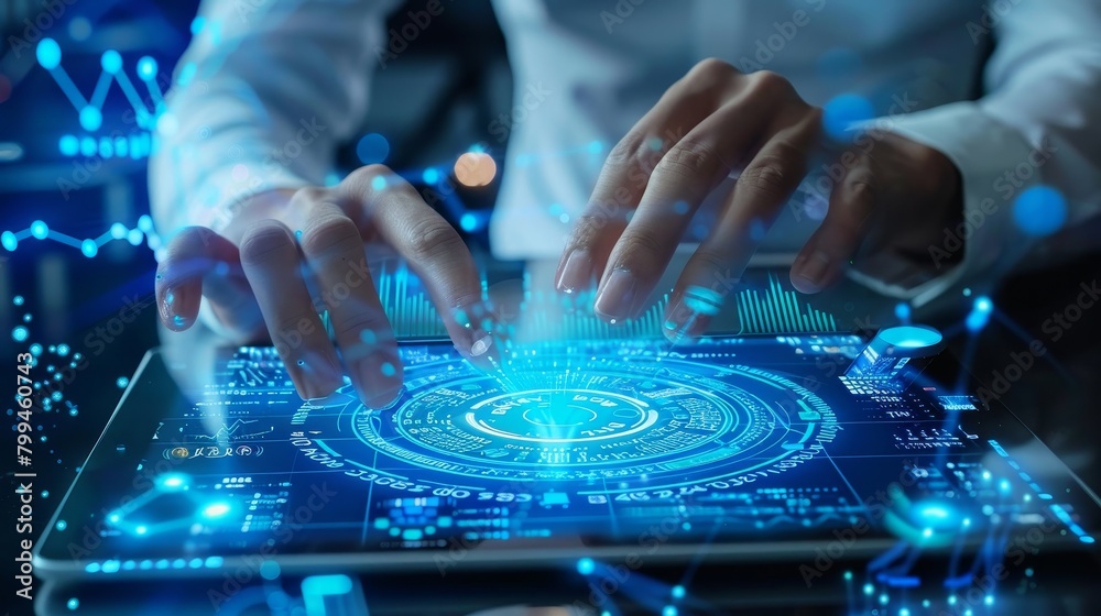 CuttingEdge Technology Holographic Data Analysis on Tablet Futuristic Business Concept CuttingEdge Technology Holographic Data Analysis on Tablet Futuristic Business Concept