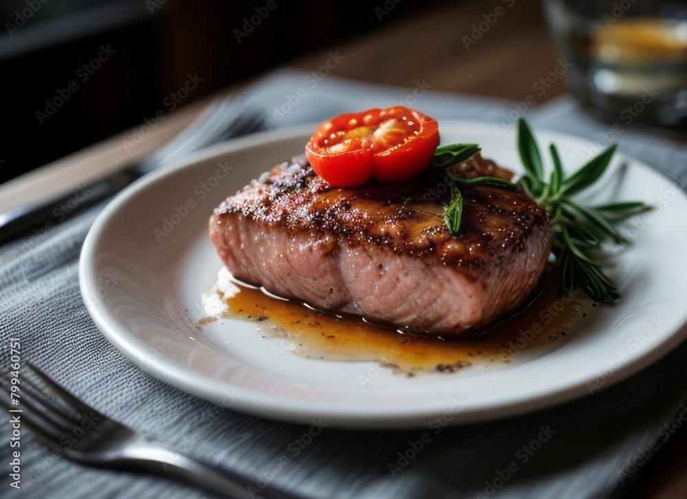 a delicious salmon steak with rosemary and tomatoes and a cozy atmosphere