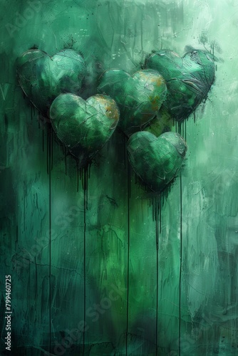 A painting of a green background with four heart shaped objects, AI photo
